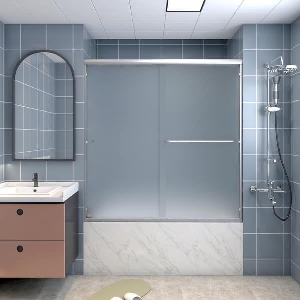 SL4U Frosted Framed Bathtub Double Sliding Shower Door, Brushed Nickel